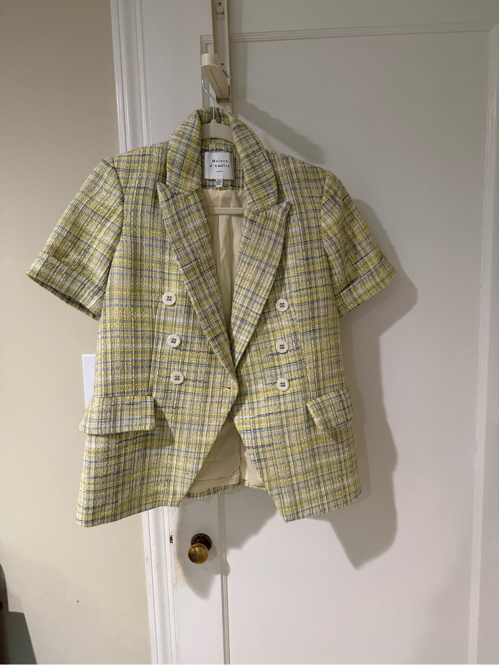 Short-Sleeve Yellow Plaid Double-Breasted Blazer
